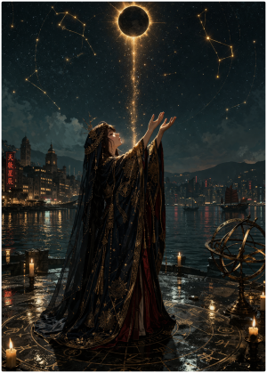 A robed woman stands on a circular platform engraved with astrological symbols, raising her hands toward a dark eclipse in a star-filled sky. A beam of golden light connects the eclipse to her hands. Constellations glow above, and a waterfront city with boats, candles, and an armillary sphere appears in the background at night.