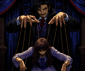 A dark-haired man in a suit looms behind a seated woman, controlling her movements with puppet strings in a dimly lit, theatrical setting.