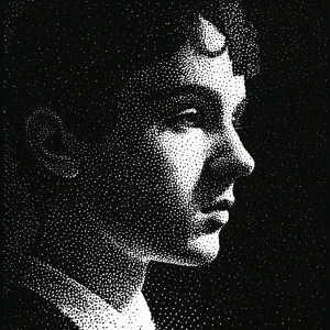 Black-and-white stippled illustration showing shadow areas made from many tiny dots, with darker regions formed by denser dot clusters and lighter regions formed by sparse dots.